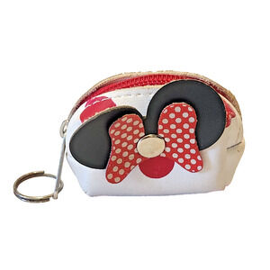 Minnie Mouse Mini Leather Coin Purse Keychain White with Red Polka Dots 1" x 2"
